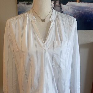 Calvin Klein Blue Ticking Stripe Flour Sack Blouse Shirt Tunic White w/ Stripes